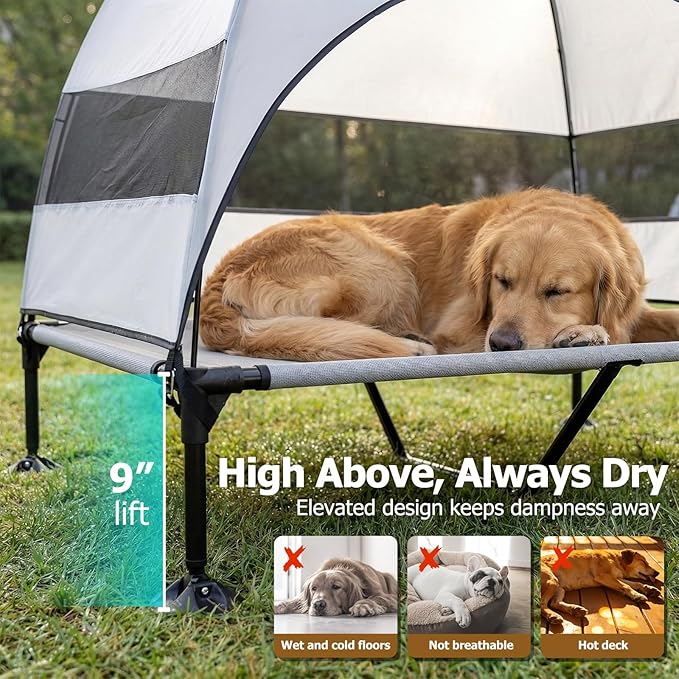 Elevated Dog Bed with UV-Proof Canopy, Outdoor Dog Tent with Powerful Adjustable Feet, Portable Pet Cot with Wider Shade, Raised Cooling Bed for Camping, Patio, Beach, Poolside