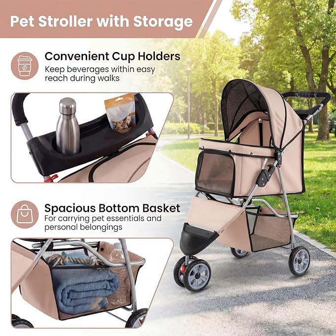 Giantex 3 Wheel Foldable Dog Stroller for Small Dogs Cats, Lightweight Pet Stroller with Lockable Wheels, One-Hand Quick Fold, Mesh Windows, Safety Leash & Storage Basket, Pet Travel Stroller (Beige)