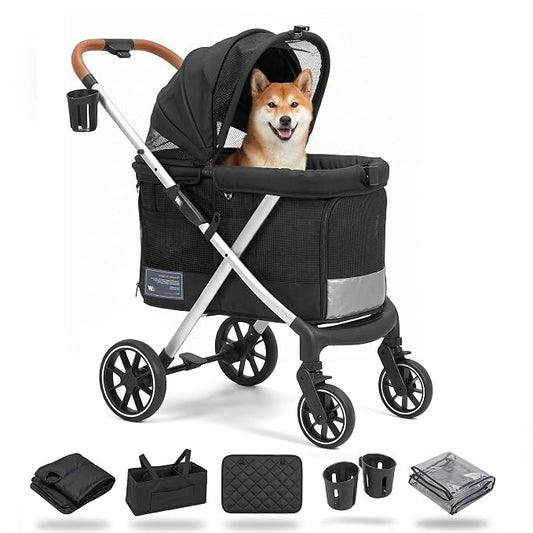 JWX Premium Pet Stroller for Small to Medium Dogs, Cats & Small Pets, One-Hand Fold Travel System, 77 lbs Capacity, All-Season Comfort Liner, Aluminum Frame, Front & Rear Entry