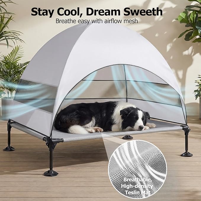 Elevated Dog Bed with Upgraded Canopy, Raised Outdoor Dog Tent with Powerful Anti-Slip Feet, Portable Pet Cot with Larger Shade, Raised Cooling Bed for Camping, Backyard, Beach, Poolside