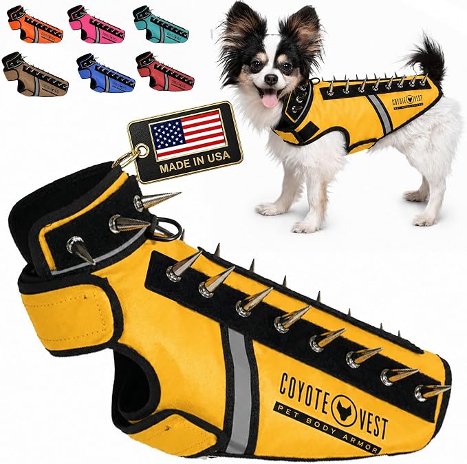 CoyoteVest SpikeVest Dog Harness, Made in the USA, XS-Yellow | Stab-Resistant Protective Vest | Coyote Vest for Dogs | Defends Against Coyotes, Dogs, Birds of Prey | Reflective Safety