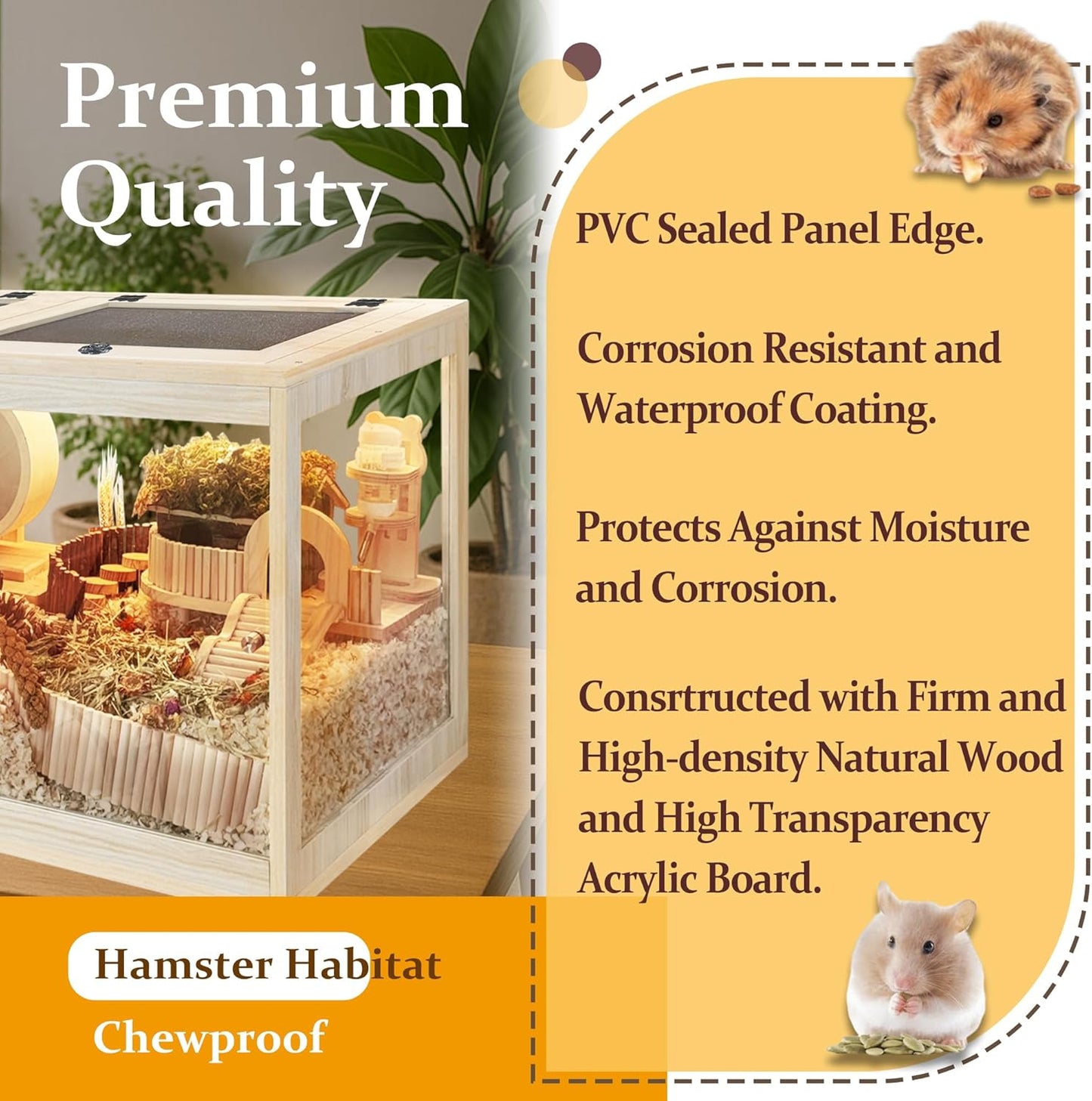 Prolee Hamster Cage with Lock Design,Large Hamster Enclosure with Openable Metal Mesh Top,Wooden Chewproof Gerbil Cage for Hedgehog Mouse Gerbil (48"x20"x20")