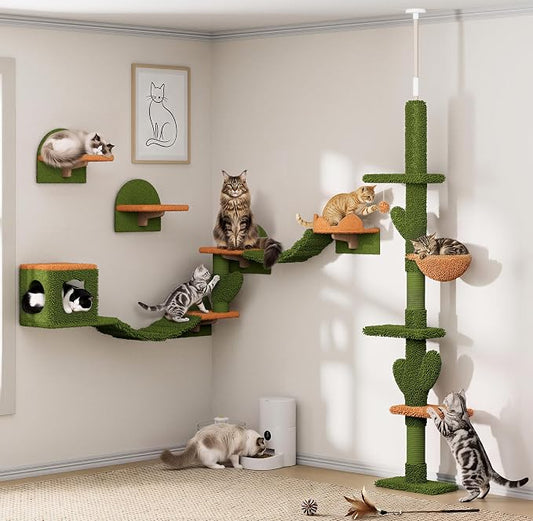 Cactus Cat Climbing Furniture Set with Floor to Ceiling Cat Tree | 5 Tier Cat Tower Adjustable Height (87-104in) and Wall Mounted Cat Shelves, with Cat Scratching Posts, House, Condo, Green