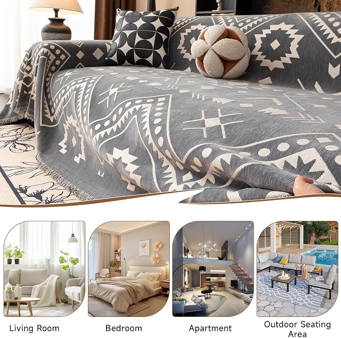 VClife Bohemian Aztec Couch Cover Sectional Sofa Slipcover Washable Chenille Couch Cover for 3 Cushion Couch Sofa - Gray White Tribal Geometric Pattern Furniture Protector with Tassel Edge 71" X 134"
