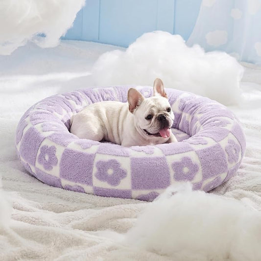 LE SURE Shown on TV Jacquard Donut Dog Beds Medium,Flower Checks 30x30x8in | Orthopedic Calming Pet Bed Sofa, Original Design Pattern,Washable Cover,Cute Home Decor as Gift for Pet,Anti Slip Bottom