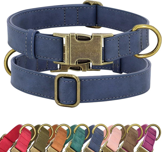 Didog Soft PU Leather Dog Collar, Stylish Quick Released Dog Collar for Large Dogs, Easy Clean Adjustable Pet Collar for Daily Walking, Blue, L Fit 15-23" Neck