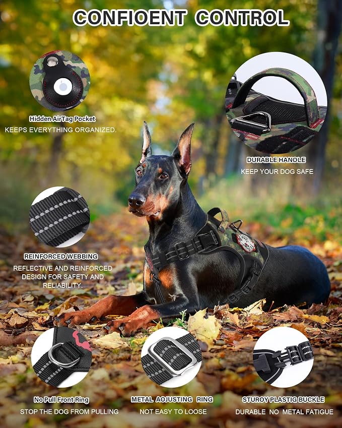 Petnanny Tactical Dog Harness No Pull Service Dog Vest XL Jungle Camo | Tactical Dog Vest with breathable mesh & hook loop panel, no pull harness for walking training, adjustable fit