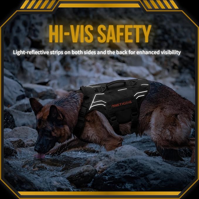 OneTigris Tactical Dog Harness for Large Dogs, Adjustable Tactical Dog Harness with Handles, Reflective Vest Heavy Duty & Breathable Military Assistance Vest with No Pull Buckle, Black