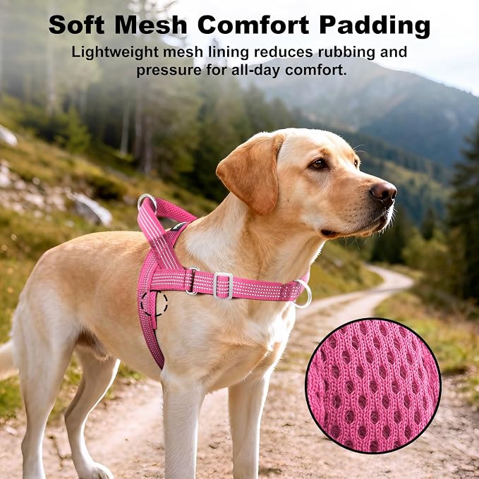 No Pull Dog Harness with Handle, Adjustable Soft Mesh Padded Vest | Reflective Walking Harness with Front Clip for Small Medium Large Dogs, Quick Fit No Escape for Training, Pink, M