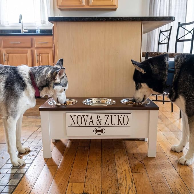 3 Bowl Dog Feeding Station, Personalized Triple Bowl Food Stand Large Dogs | Farmhouse Style, Elevated Wood Stand, Storage Container, Stainless Steel Bowls, Raised Feeder, Large Breed, Made in USA