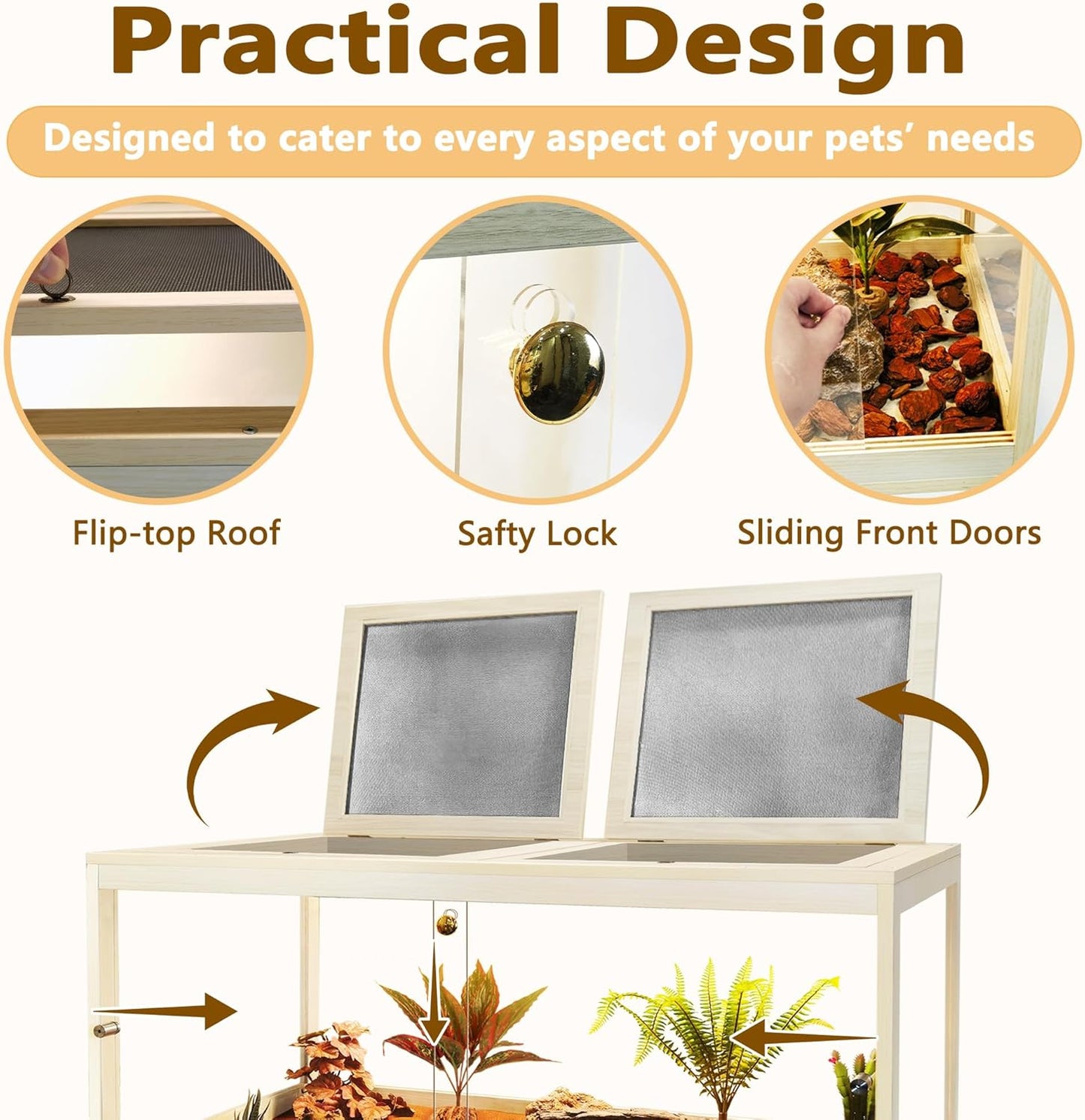 Prolee Reptile Terrarium Tank Up to 78 Gallon, Lizard Tank Bearded Dragon Tank with Metal Mesh Roof Door, Snake Tank with Lock Design (Oak, 78 Gallon Volume, 48 Inch Length)