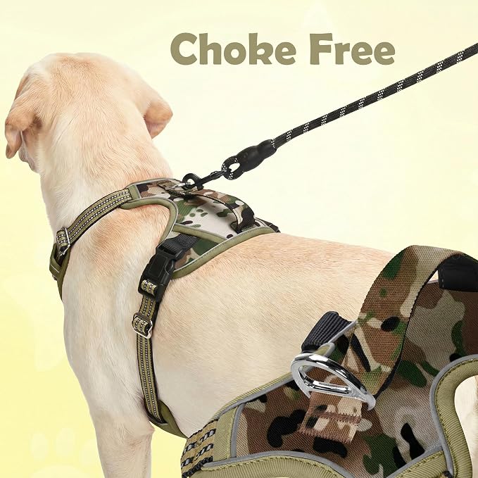 Dog Harness No Pull, Adjustable Pet Vest Harness, Super Soft Material with Vertical Handle Easy Control, Reflective Night Walking, 2 Leash Clips for Medium Sized Dogs, Camo Green, M