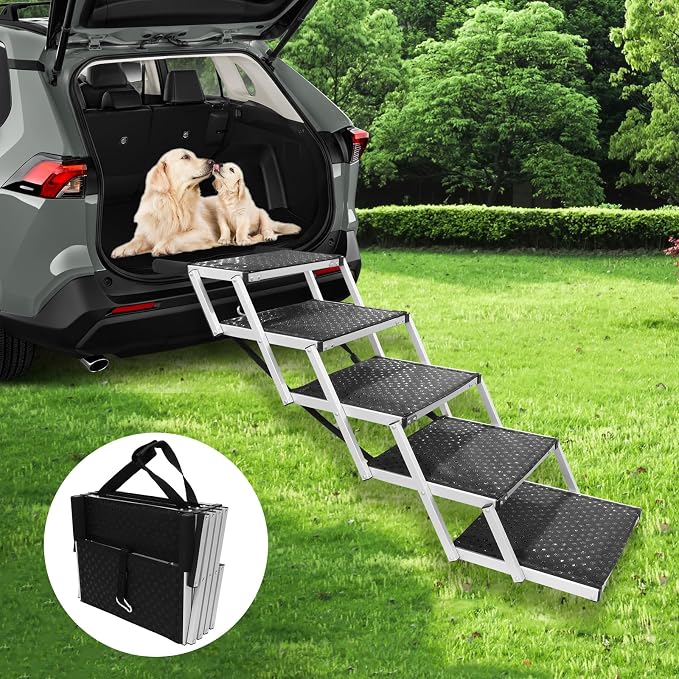 Dog Stairs with Nonslip Surface Portable Folding Pet Ramp for Car, SUV and Trucks Foldable Truck Ramp Stairs for Small to Large Size Dogs Up to 250LBS