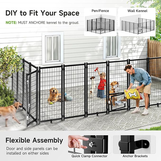 Dog Kennel Outdoor, Weatherproof Outside Dog Kennel with Roof & Swivel Feeders and Removable Dog Door, Heavy Duty Outdoor Kennels Dog Enclosure Run for Medium Large Dogs (8'L x 4'W x 6'H)