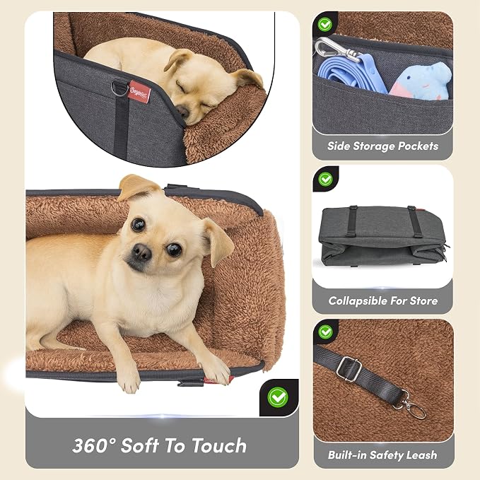 BurgeonNest Center Console Dog Car Seat for Small Pets to 11lbs, Brown | Anti-collapse armrest Console seat with washable fluffy cushion, pillow & tether for stable, cozy pet travel trips.