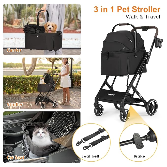 X2 Pet Stroller, Dog Cat Stroller for Small Pets with Detachable Carrier, Lightweight Foldable Cat Carrier Dog Car Seat for Puppy Doggy up to 44lbs, Canopy and Waterproof Pad, Black