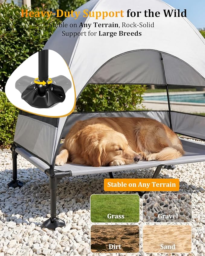 Elevated Dog Bed with Canopy - 3-Sided UV Protection Pet Tent with Wider Shade, Raised Cooling Outdoor Dog Cot with Breathable Mesh for Medium Large Dogs, Portable Bed for Camping, Patio (Grey, XL)