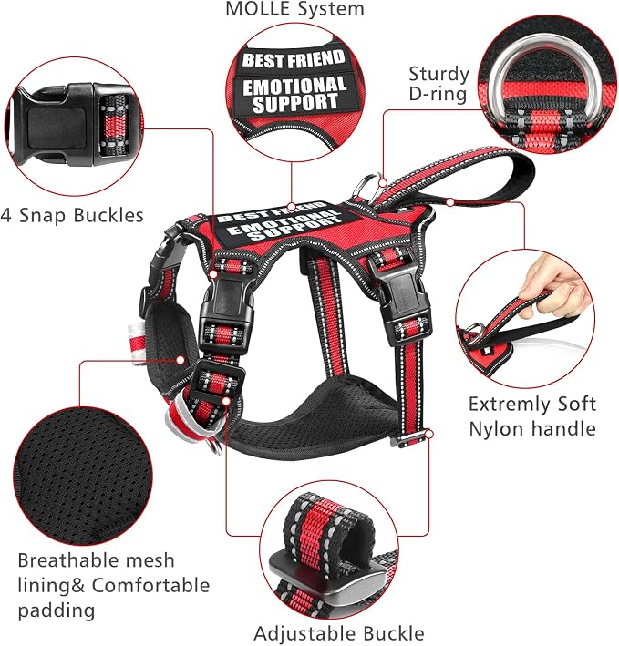 Service Dog Vest No Pull Dog Harness with 7 Dog Patches, Reflective Pet Harness with Durable Soft Padded Handle for Training Small, Medium, Large, and Extra-Large Dogs (Small, Red)