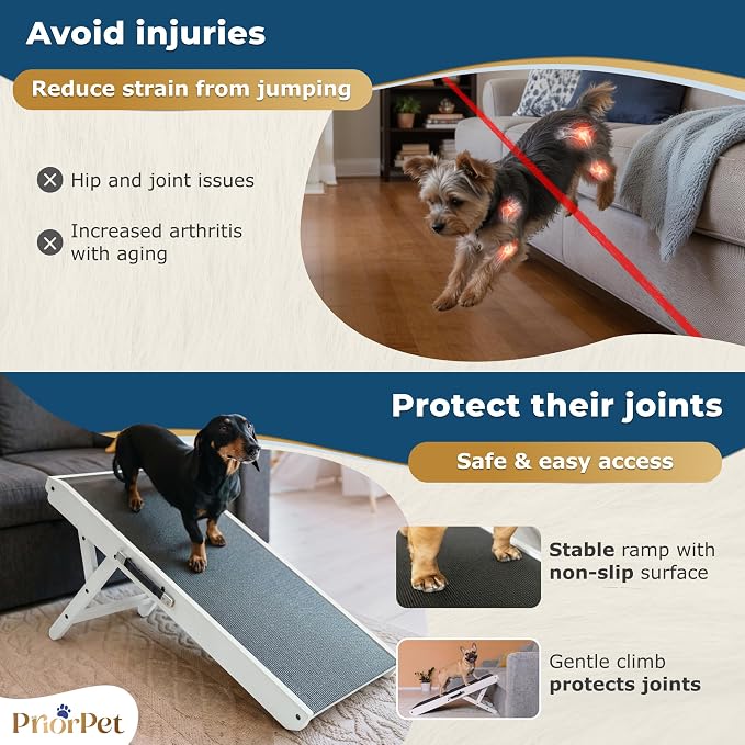 Dog Ramp for Couch – Non-Slip, Sturdy Build Foldable Wooden Dog Ramp – Supports up to 200 lbs – 7 Adjustable Heights (14"–20.5") – Enhanced Stability – Birchwood Pet Ramp for Small Dogs – White