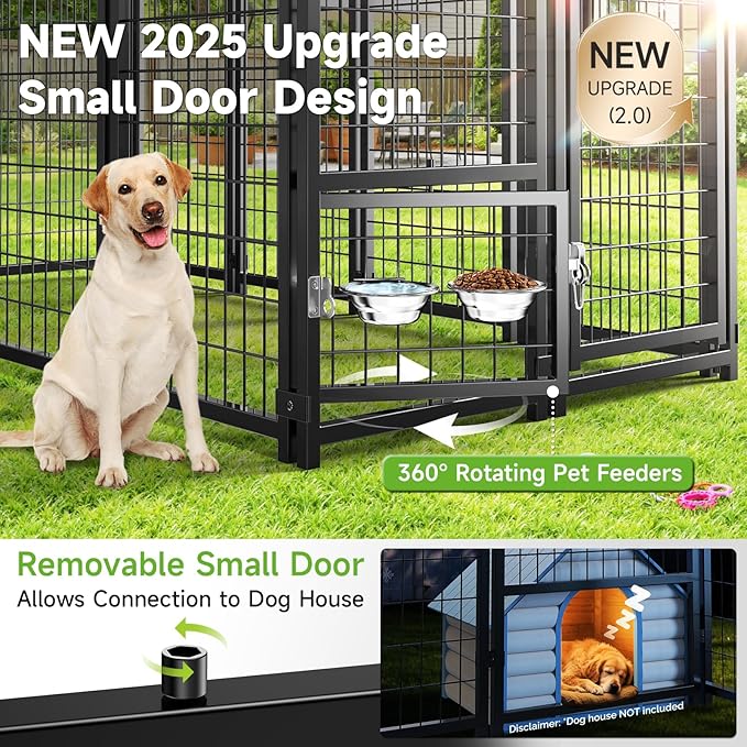 Dog Kennel Outdoor, Weatherproof Outside Dog Kennel with Roof & Swivel Feeders and Removable Dog Door, Heavy Duty Outdoor Kennels Dog Enclosure Run for Medium Large Dogs (8'L x 4'W x 6'H)