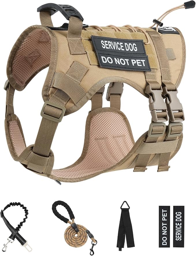 No Pull Tactical Dog Harness Small Sized Dog, Service Dog Vest, S, Brown | Tactical Dog Vest Harness and Leash Set, Adjustable Military Service Dog Harness with Handle for Medium Large Dogs
