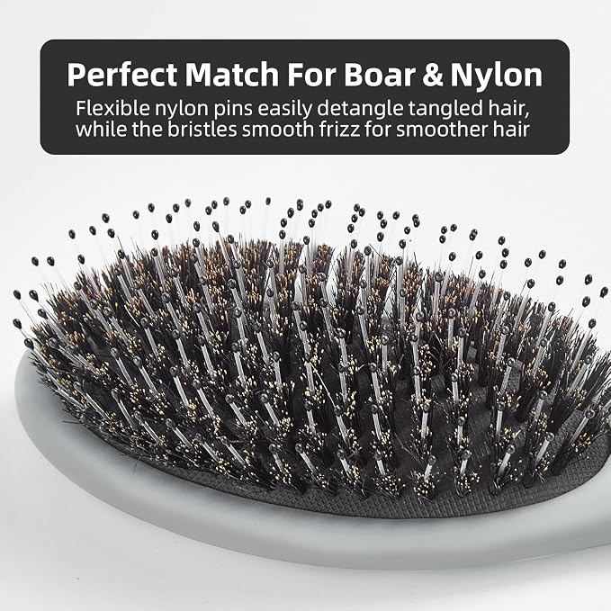 Boar Bristles Hair Brush for Women and Men, Detangling Hair Brush for Smoothing Massage Add Shine, Nylon&Boar Bristles Detangler brush for Hair Healthy (1 Pack-Grey)