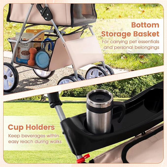 PETSITE 4 Wheels Pet Stroller, Foldable Dog Strollers for Small Dogs with Breathable Mesh, Waterproof Cover, Storage Basket, and Cup Holders, Ideal for Dogs Cats up to 33 lbs (Beige)