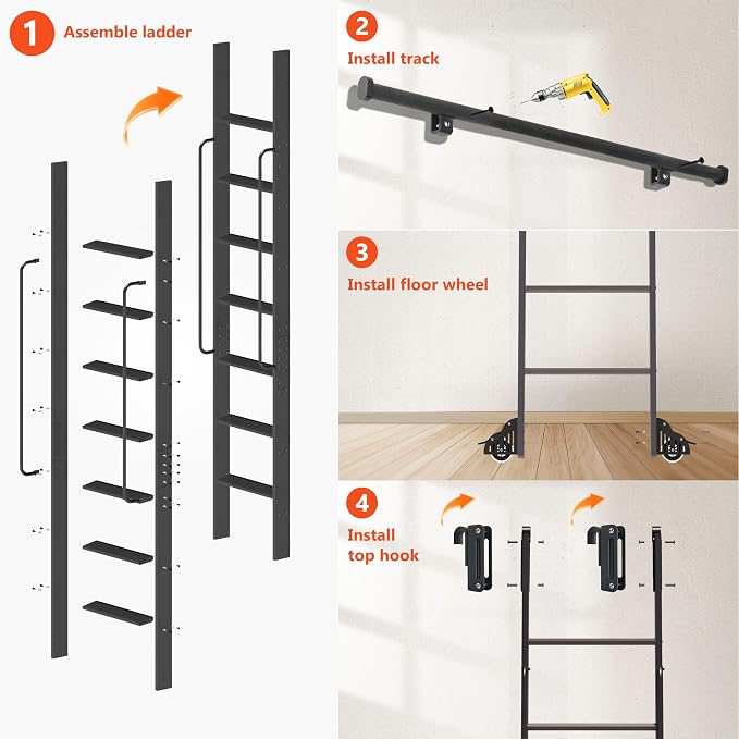 DIYHD 87" Rolling Library Ladder with Handrail, 4FT Sliding Rail, Black | 7-Step lightweight ladder with space-saving upright storage, Telescopic top hooks, Locking bottom rollers, 300lbs capacity