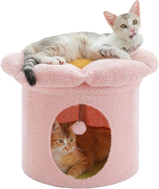 PETEPELA Cat Beds for Indoor Cats, Small Cute Cat Tree House with Removable Flower Cat Bed, Cat Hideaway, Indoor Cat House Condo, Cat Accessories, 20X20X16 Inches, Pink