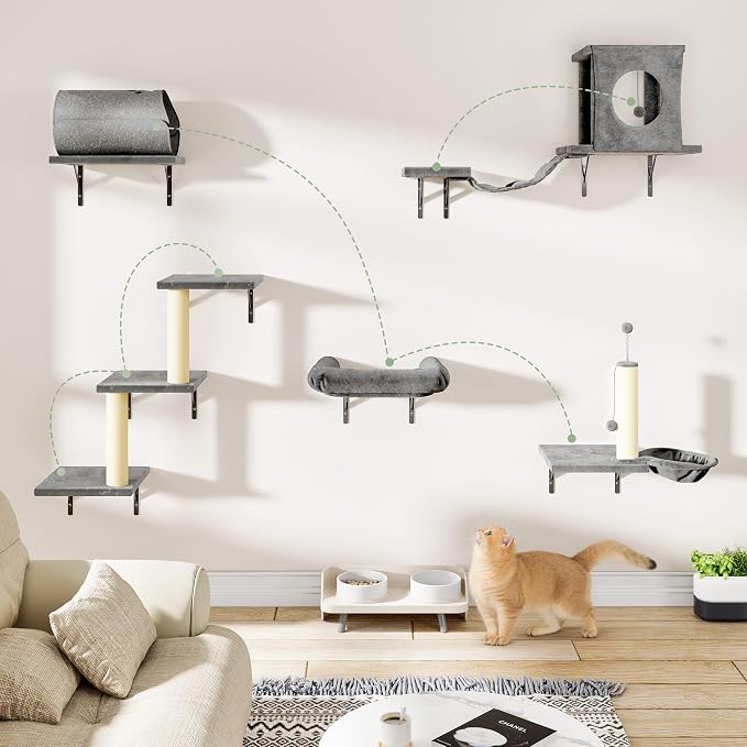 7-in-1 Cat Wall Shelves, Space-Saving Wall Mounted Cat Shelves, Cat Climbing Wall Systems for Play & Rest Includes Tunnel, House, Bridge, Steps, Scratcher, Hammock, Shelves, Gray
