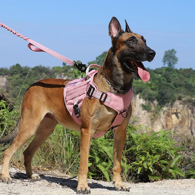 ICEFANG Tactical Dog Harness,for X-Large Dogs,Reflective No Pull Dog Vest | with Control Handle, Adjustable,Front Hook,2 Leash Clips,No Choke,Soft Padded,MOLLE Panel,Pink,X-Large