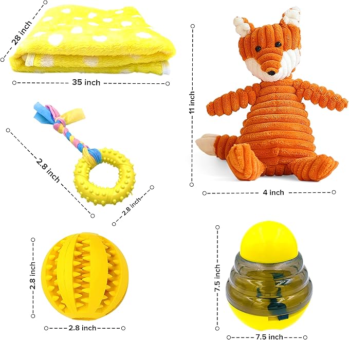 SoSoCute Yellow Dog Gift Box - Puppy Chew Toy Set of 5 - Care Package with Dog Blanket, Squeaky Plush, Rubber Puppy Teether, Teething Ball, and Treat Ball for Small and Medium Dogs