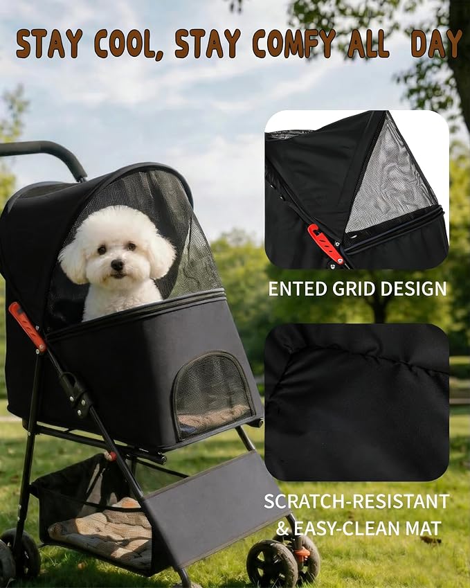 Pet Stroller for Small Medium Dogs Cats - Lightweight Foldable Dog Stroller | 33lbs, 4 Wheels All Terrain Cat Stroller, Breathable Mesh & Safety Tether, Storage Basket for Outdoor Walks-BLACK