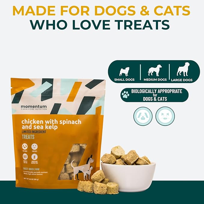 Momentum Carnivore Nutrition Freeze-Dried Chicken, Spinach & Sea Kelp Dog Treats & Cat Treats – Single-Ingredient Recipe, High-Protein, Grain-Free, Natural Superfood Blend – Made in USA – 3 oz Bag