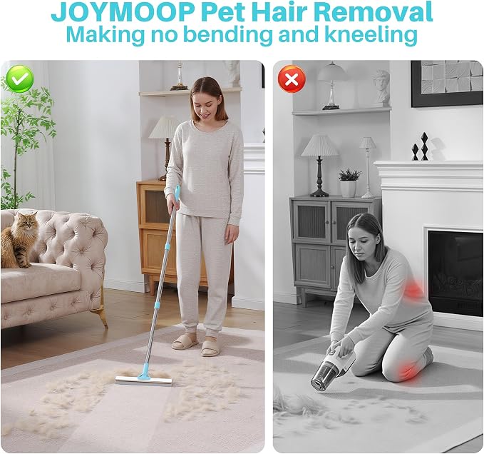 JOYMOOP Carpet Rake for Pet Hair Removal, 63" Adjustable Long Handle Pet Hair Remover, Reusable Cat Dog Hair Carpet Rake with Metal and Silicone Scraper for Rug, Sofa, Cloth