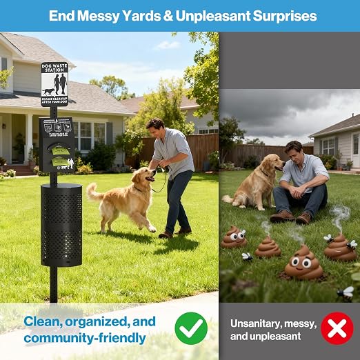 POCHAR Dog Waste Station, 10 Gallon Locking Bin with 600 Bags | Aluminum outdoor Trash Can, Waterproof Poop Disposal Bin with Sign and Lid for Park, Trail, Yard (Black)