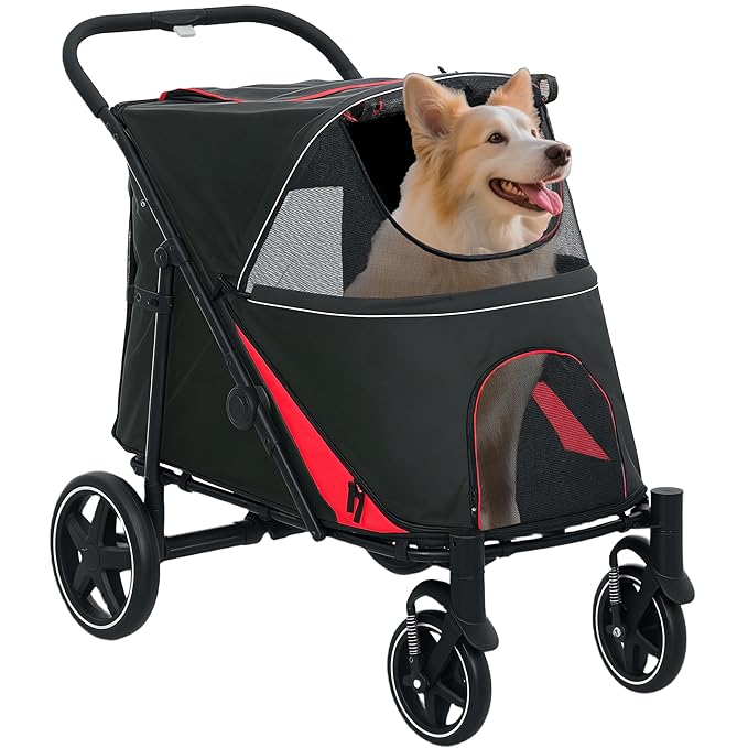 PawHut Dog Stroller for Large Medium Small Dogs up to 66 Lbs. 23.5" in Body Length, One-Click Foldable Pet Cat Stroller with Storage, Shock Absorption Wheels, Mesh Window, Safety Leash, Black