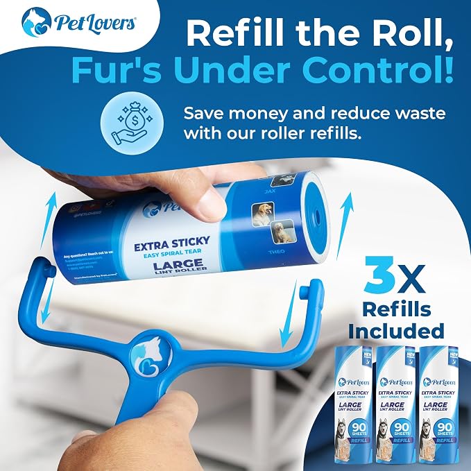 PetLovers 6.3" Large Lint Roller for Pet Hair Extra Sticky 360 Sheets, Ideal for Pet Hair Removal from Furniture & Clothes, Dog and Cat Lint Remover 4 Pack