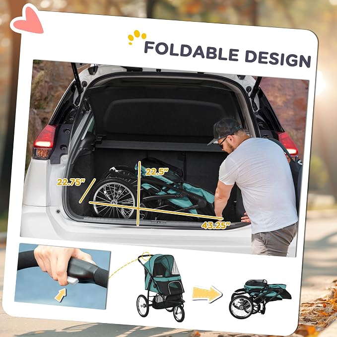 PawHut 3 Wheels Pet Stroller, Foldable Dog Stroller with Adjustable Canopy, Safety Tether, Cushion, Storage Basket, Portable Jogger for Small and Medium Dogs and Cats, Dark Green