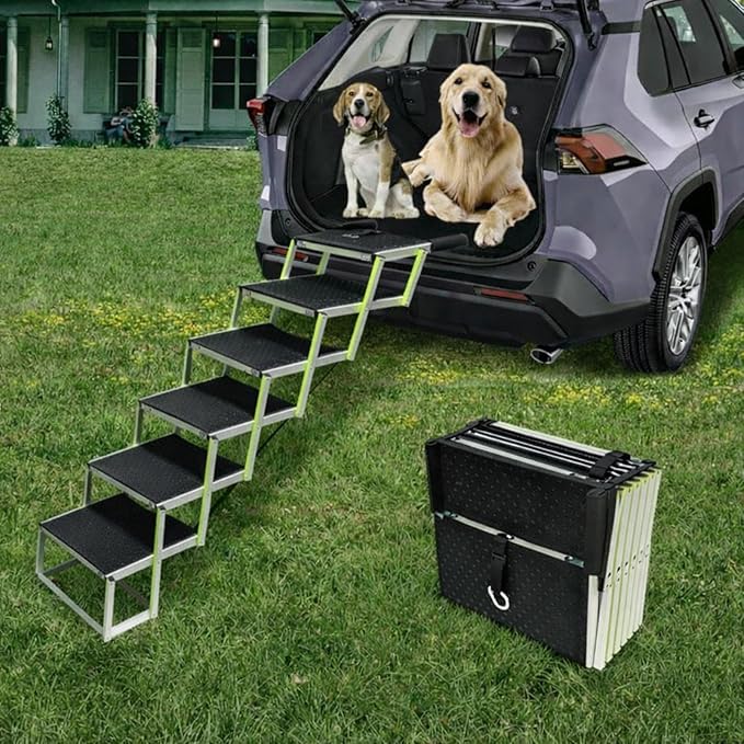 Dog Ramps for Small & Big Dogs Portable Folding Pet Stairs with Nonslip Surface Foldable Truck Ramp Stairs for Car, SUV and Trucks, Supports Up to 250LBS, 6 Steps