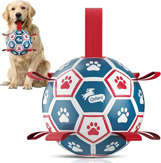 QDAN Dog Toys Soccer Ball with Straps：Durable Balls for Large Dogs, Outdoor Dog Toys, Puppy Birthday Gifts (7 Inch)