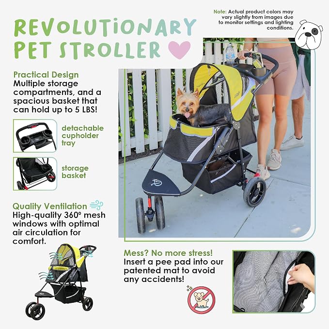 Petique Revolutionary Durable Pet Stroller, Easy Fold, Quality mesh Windows, Large Storage Basket, Secure Cup Holder Tray, Small/Medium Dogs, Cats and Pets, Supports up to 55LBS - Sunshine (Yellow)