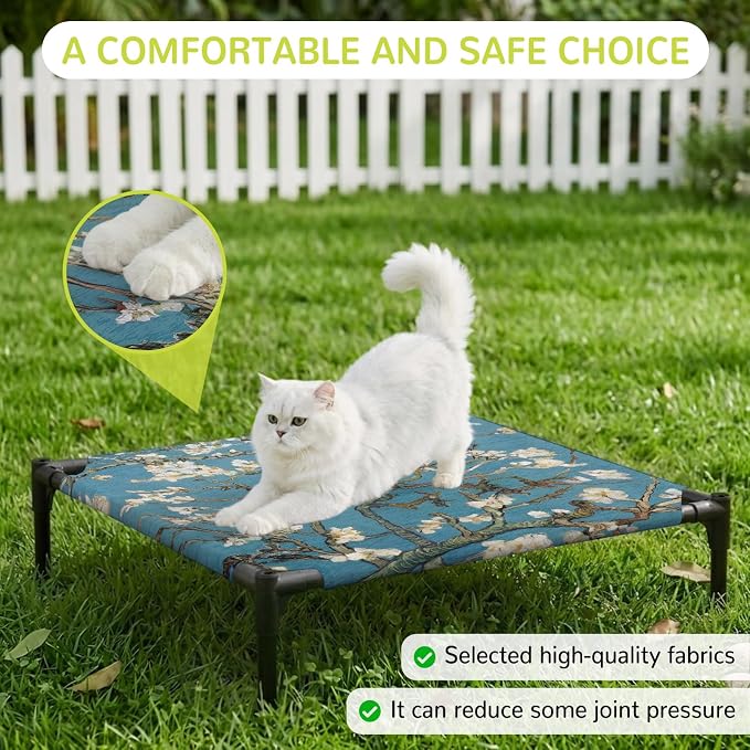 Outdoor Elevated Dog Bed for Small Dogs, Flowers Branches Breathable Cooling Raised Dog Cot for Indoor/Outdoor, Farmhouse Turquoise Sky Moon Tree Waterproof Elevated Pet Beds, S 20 x 20 in