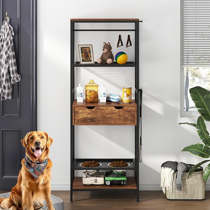 Dog Feeding Station Storage Furniture Shelves with Drawer, 3 Levels Height Adjustable Raised Dog Bowls