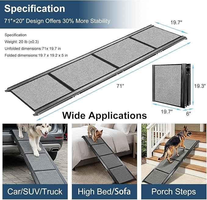 Dog Ramp for Cars 71"Long x 20"Wide SUV & Trucks, Non-Slip Surface Aluminum Pet Ramps for Small & Large Dogs–Heavy Duty Foldable Lightweight Portable Ramp for Senior Dogs High Bed Couch Outdoor 250lbs