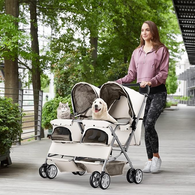 Double Pet Stroller for 2 Dogs & Cats, Side-by-Side, Gray | Foldable Two-Seater with Separate Cabins, 44 lb Capacity, Dual Baskets and Safety Tethers for Walks, Travel and Vet Visits