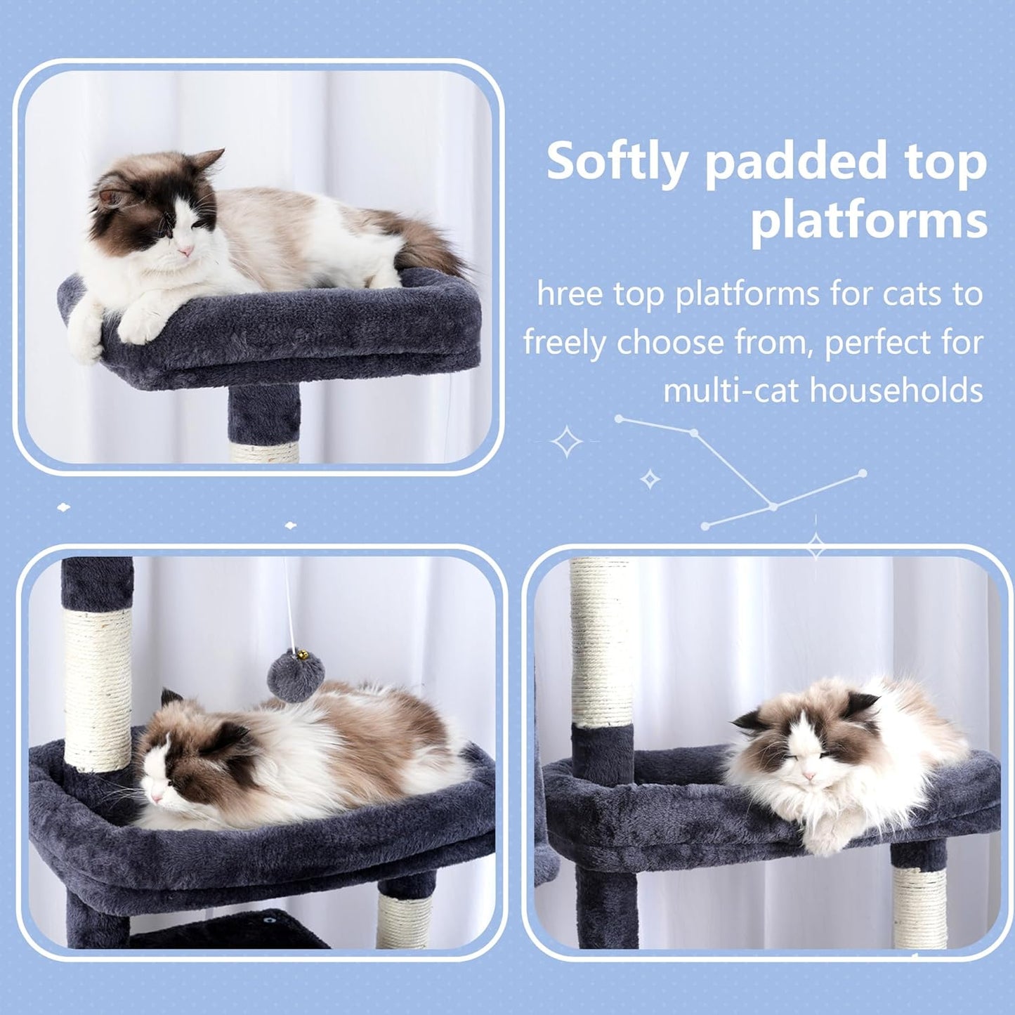 Hey-brother Cat Tree Tower, Scratching Posts with a Extended Part, Wide Platforms, Cozy Condos, Hammocks, Sisal Columns and Ball for Indoor Cats, 70.1 Inches, Smoky Gray MPJ038G