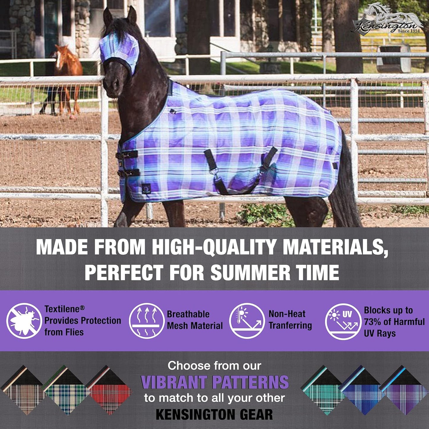 Kensington Fly Mask with Fleece Trim for Horses — Protects Face and Eyes Helps Block Sun Rays While Allowing Full Visibility — Breathable and Non Heat Transferring