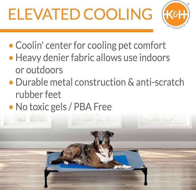K&H Pet Products Coolin' Pet Cot, Outdoor Cooling Elevated Dog Cot for Large Dogs, Raised Bed with Cool-Core Center, Portable Pet Platform with Heavy-Duty Metal Frame - Large Gray/Blue