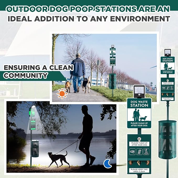 Tujoe Dog Waste Station with Solar Panels Outdoor Light Up at Night,Galvanized Steel Dog Trash Bin Dispenser,Rust Proof LED Pet Station for Commercial Park Backyard (with Trash Bin)
